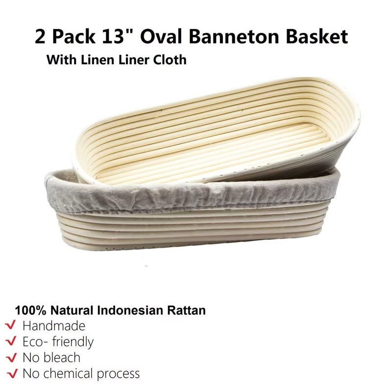 perixir 2 Pack 13 Inch Oval Bread Proofing Basket,Banneton Basket Bread Baking Bowl with Linen Liner Cloth, for Professional & Home Bakers Baking - Image 2